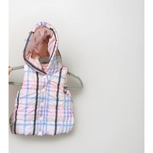 Gymboree Girls Puffer Vest 2T-3T Fleece Lined Pink Purple Plaid Hood Winter Snap